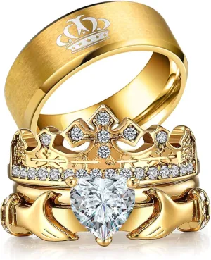 ringheart Couple Rings Matching Ring Claddagh Ring Yellow Gold Plated Women Wedding Ring Sets for Him and Her