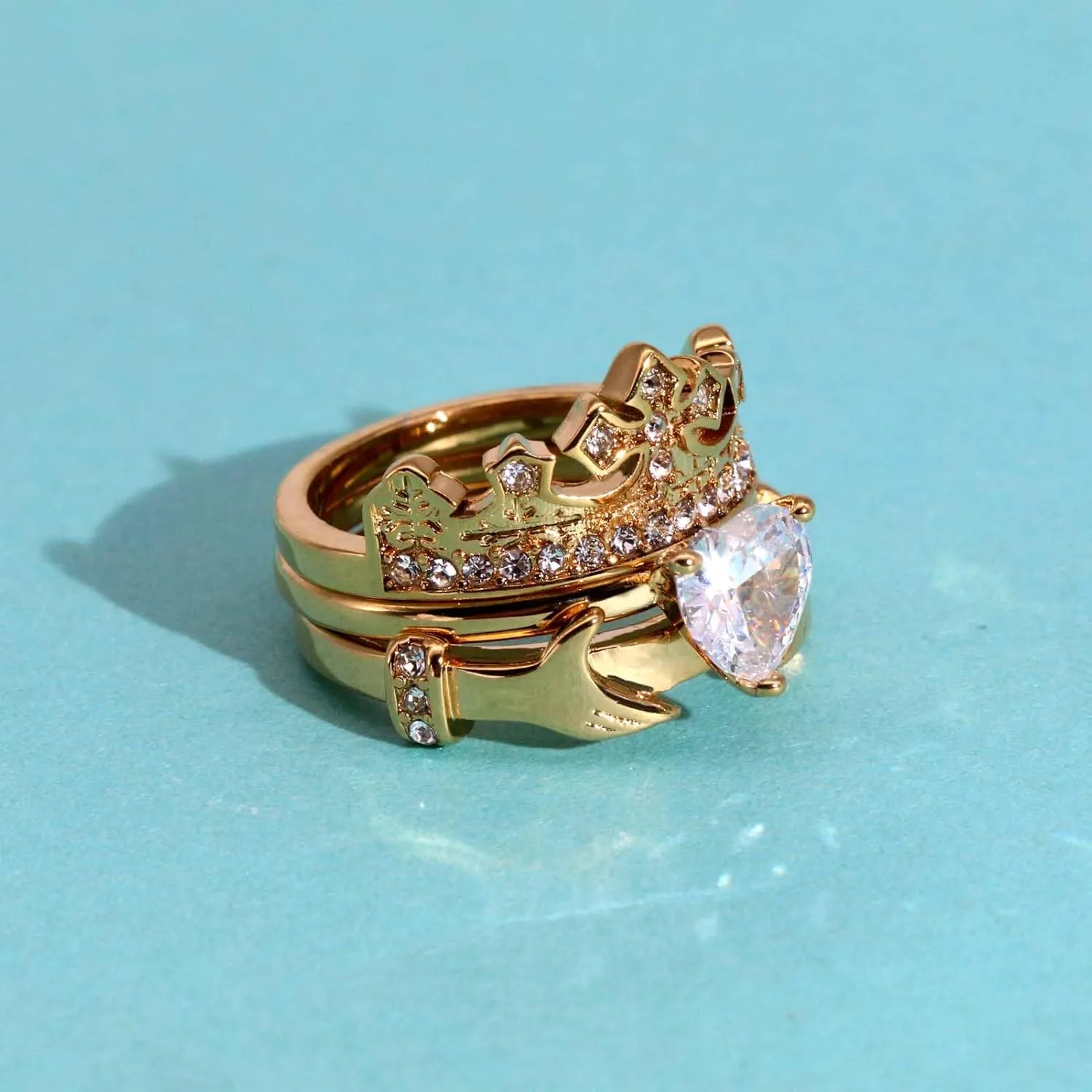 ringheart Couple Rings Matching Ring Claddagh Ring Yellow Gold Plated Women Wedding Ring Sets for Him and Her