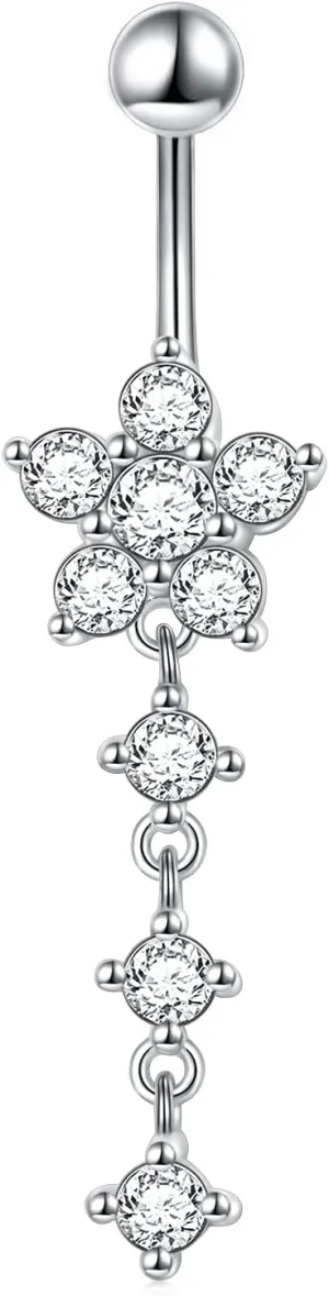 S925 Sterling Silver Dangle Belly Button Rings Stud Belly Rings CZ Flower Belly Rings for Women Navel Rings CZ Body Piercing