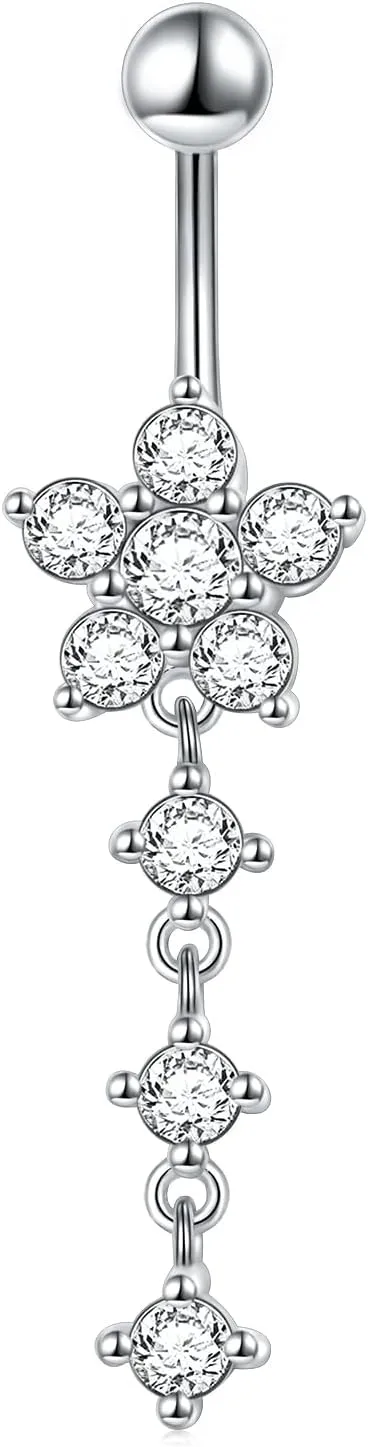S925 Sterling Silver Dangle Belly Button Rings Stud Belly Rings CZ Flower Belly Rings for Women Navel Rings CZ Body Piercing