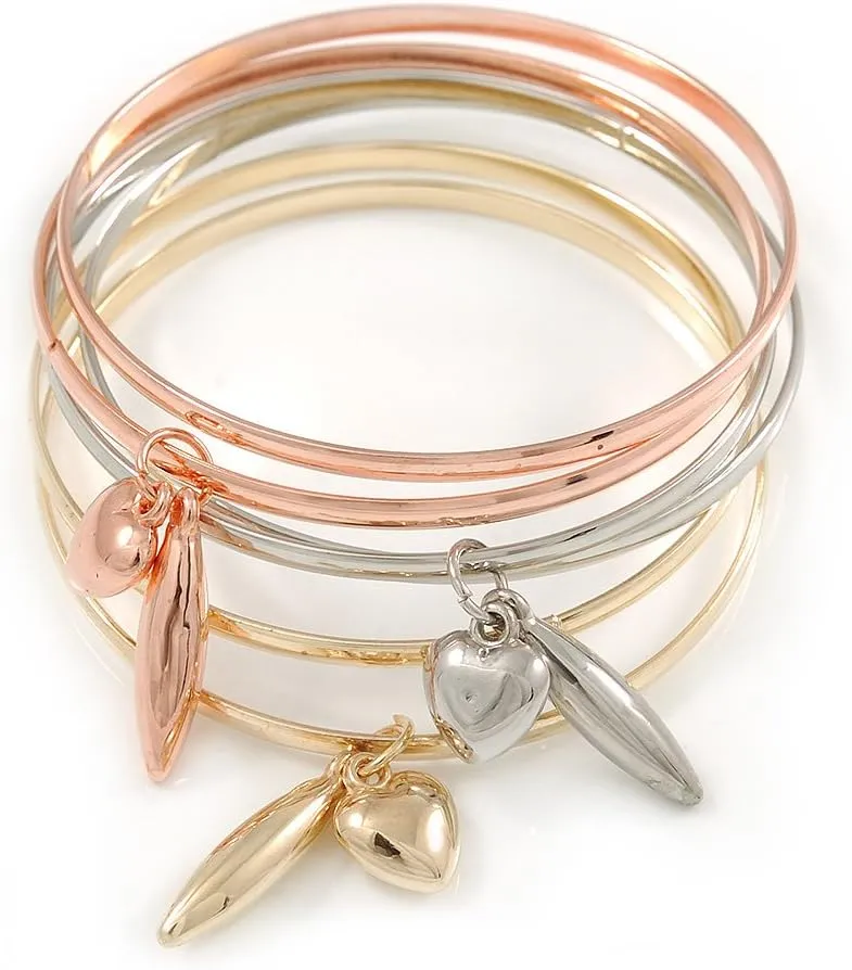 Set Of 6 Rose Gold/Silver/Gold Tone Slip-On Bangle Bracelets with Heart Charms - 17cm L/For Small Wrist