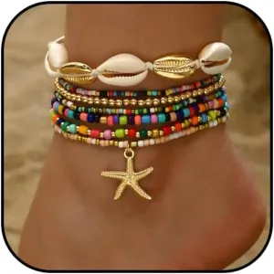 Shell Starfish Anklets Bracelet for Women Colorful Beaded Puka Shell Anklet Hawaiian Beach Seashell Starfish Conch Foot Jewelry Mermaid Jewelry for Women