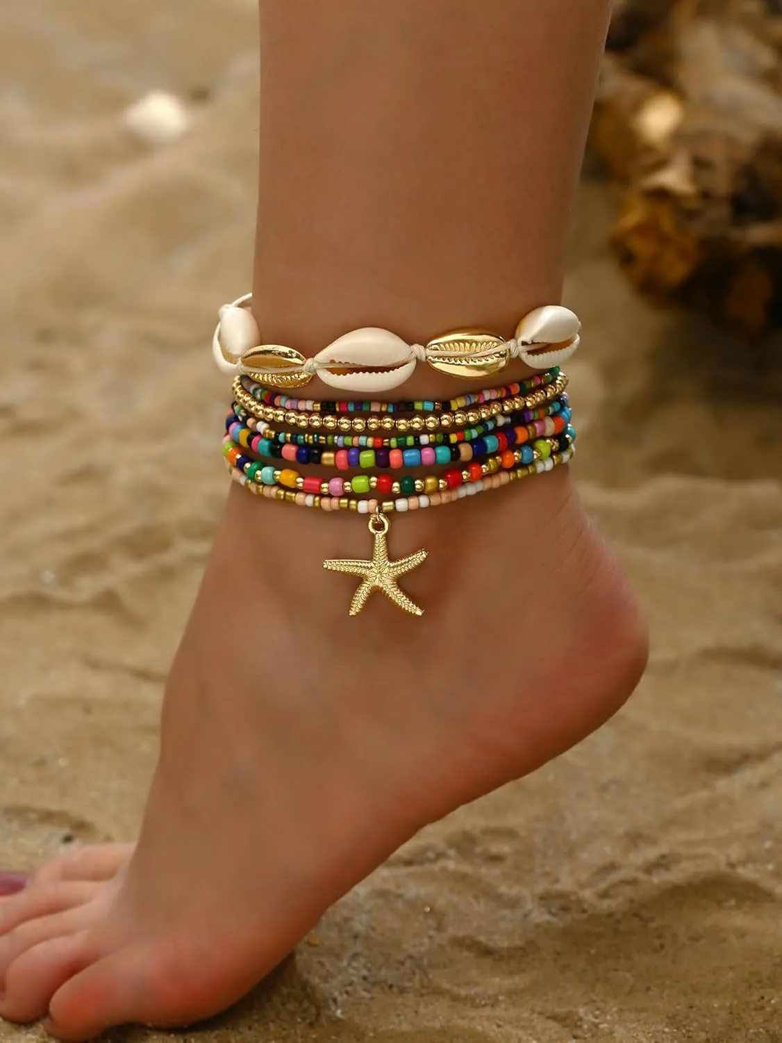 Shell Starfish Anklets Bracelet for Women Colorful Beaded Puka Shell Anklet Hawaiian Beach Seashell Starfish Conch Foot Jewelry Mermaid Jewelry for Women