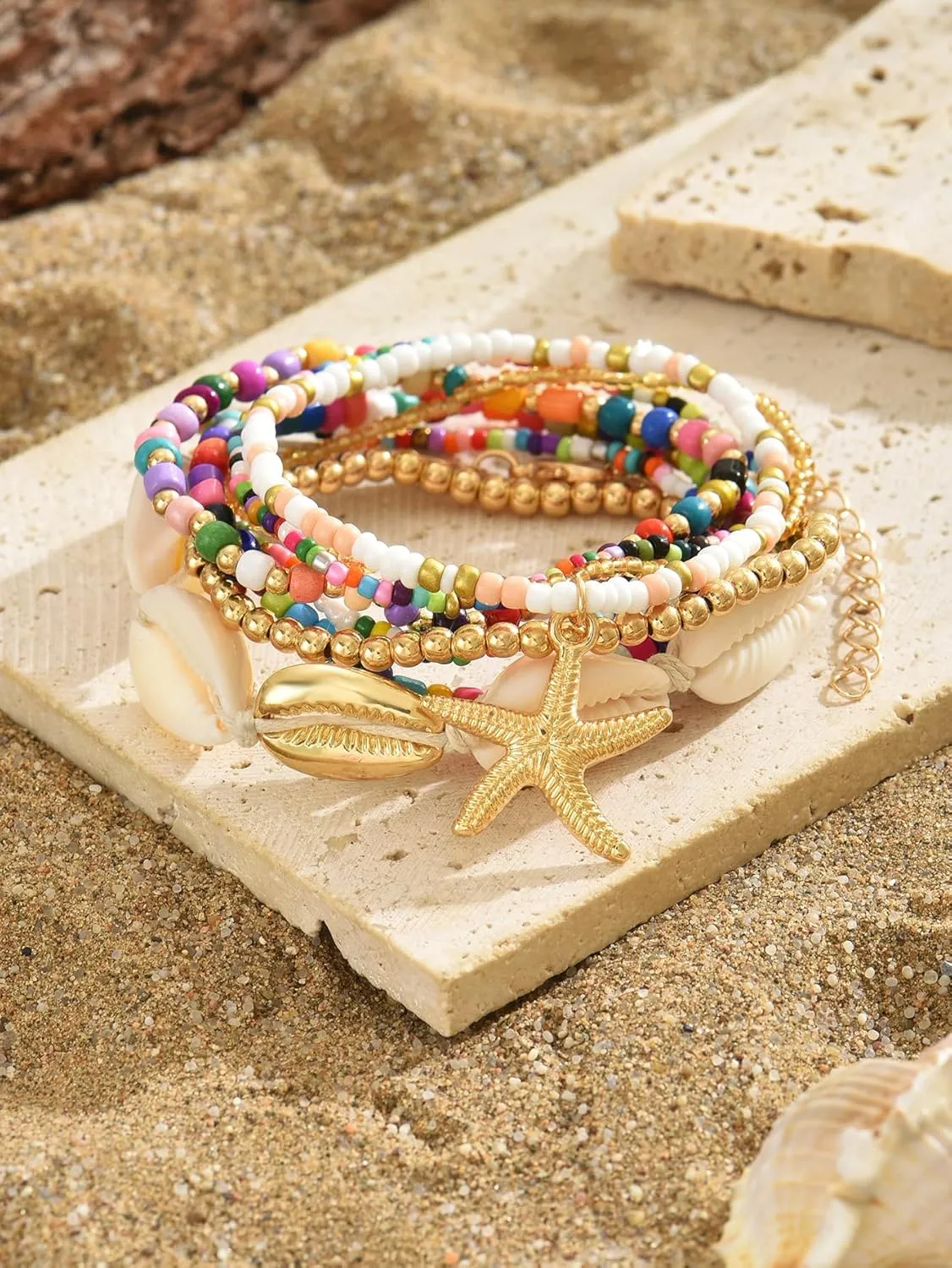 Shell Starfish Anklets Bracelet for Women Colorful Beaded Puka Shell Anklet Hawaiian Beach Seashell Starfish Conch Foot Jewelry Mermaid Jewelry for Women