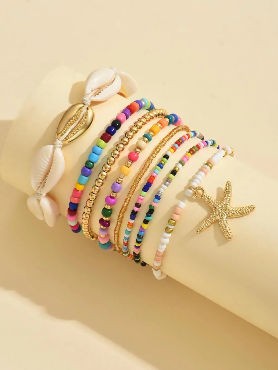 Shell Starfish Anklets Bracelet for Women Colorful Beaded Puka Shell Anklet Hawaiian Beach Seashell Starfish Conch Foot Jewelry Mermaid Jewelry for Women