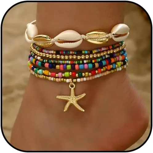 Shell Starfish Anklets Bracelet for Women Colorful Beaded Puka Shell Anklet Hawaiian Beach Seashell Starfish Conch Foot Jewelry Mermaid Jewelry for Women