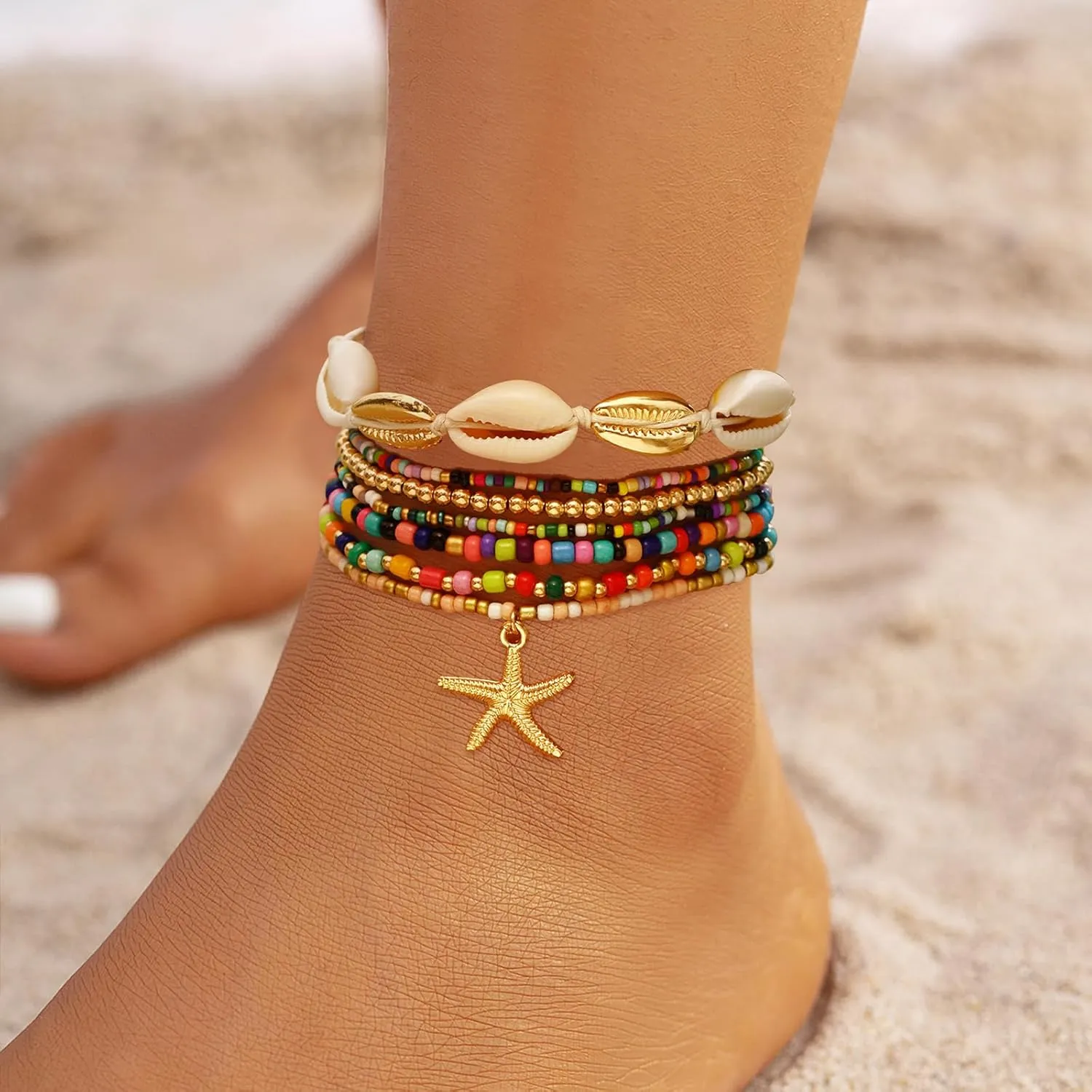 Shell Starfish Anklets Bracelet for Women Colorful Beaded Puka Shell Anklet Hawaiian Beach Seashell Starfish Conch Foot Jewelry Mermaid Jewelry for Women