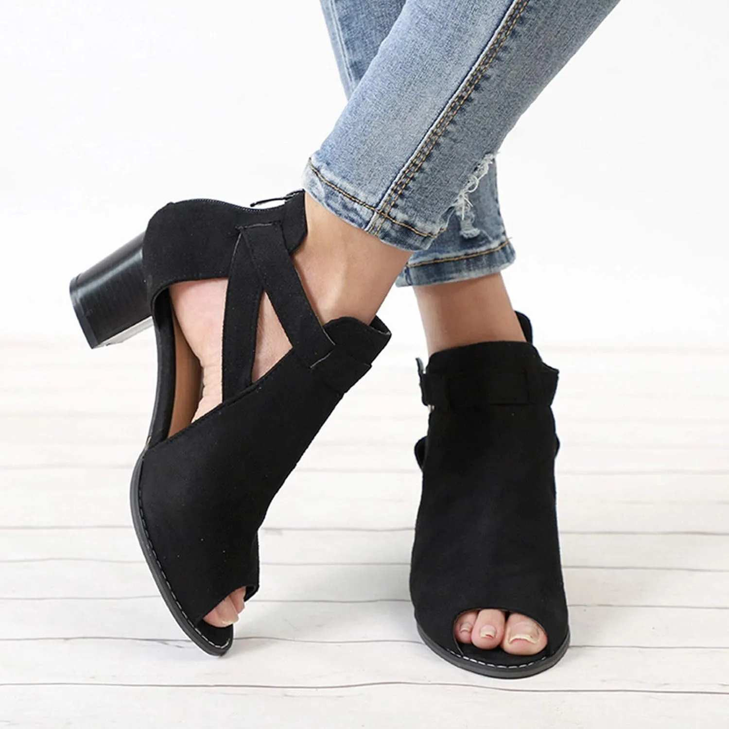 Shoes for Women, Sandals for Women Suede Peep Toe Ankle Booties Cut Out Stacked Heel Ankle Boots