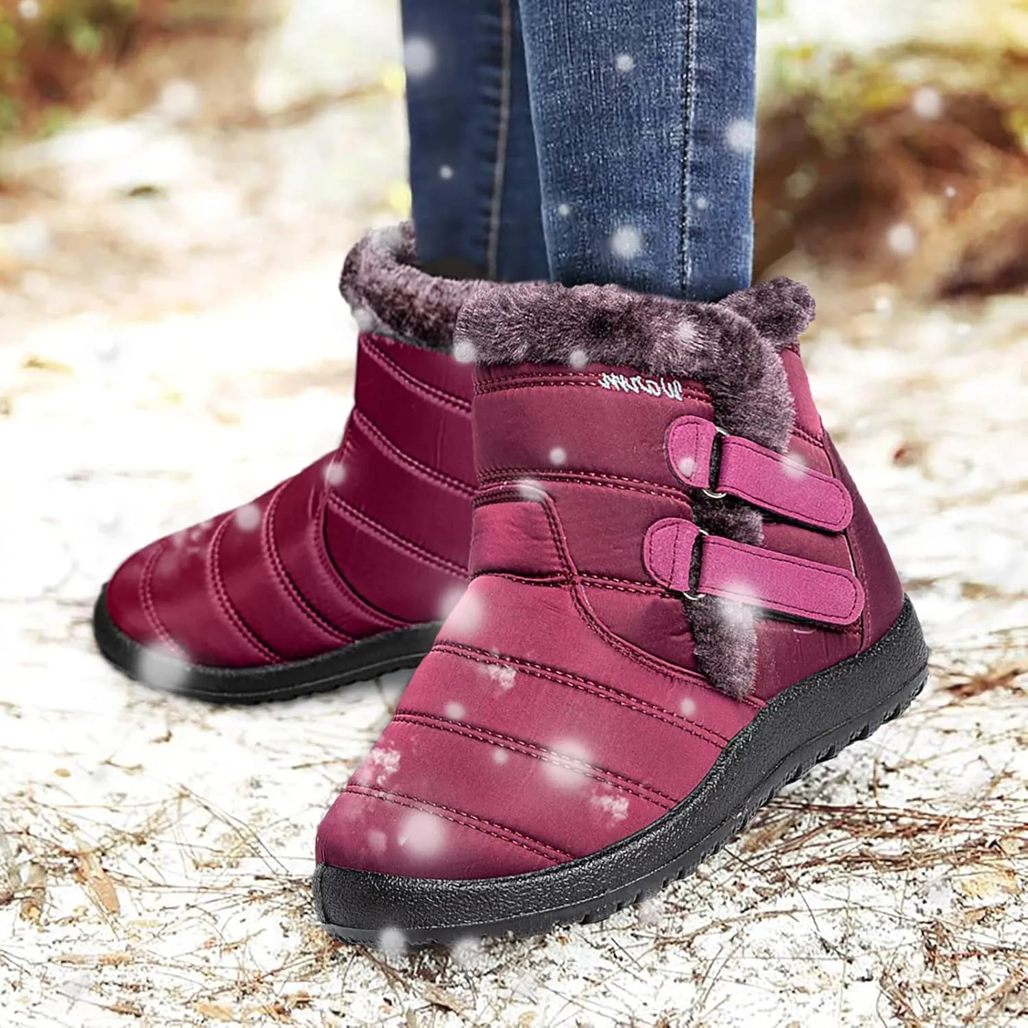 Short Winter Boots Extra Wide for Women Waterproof Snow Womens Black Snow Boots Wide Waterproof Snow Boots Women Wide Width Winter Women Boots Low Heel Waterproof Womens Boots Tall