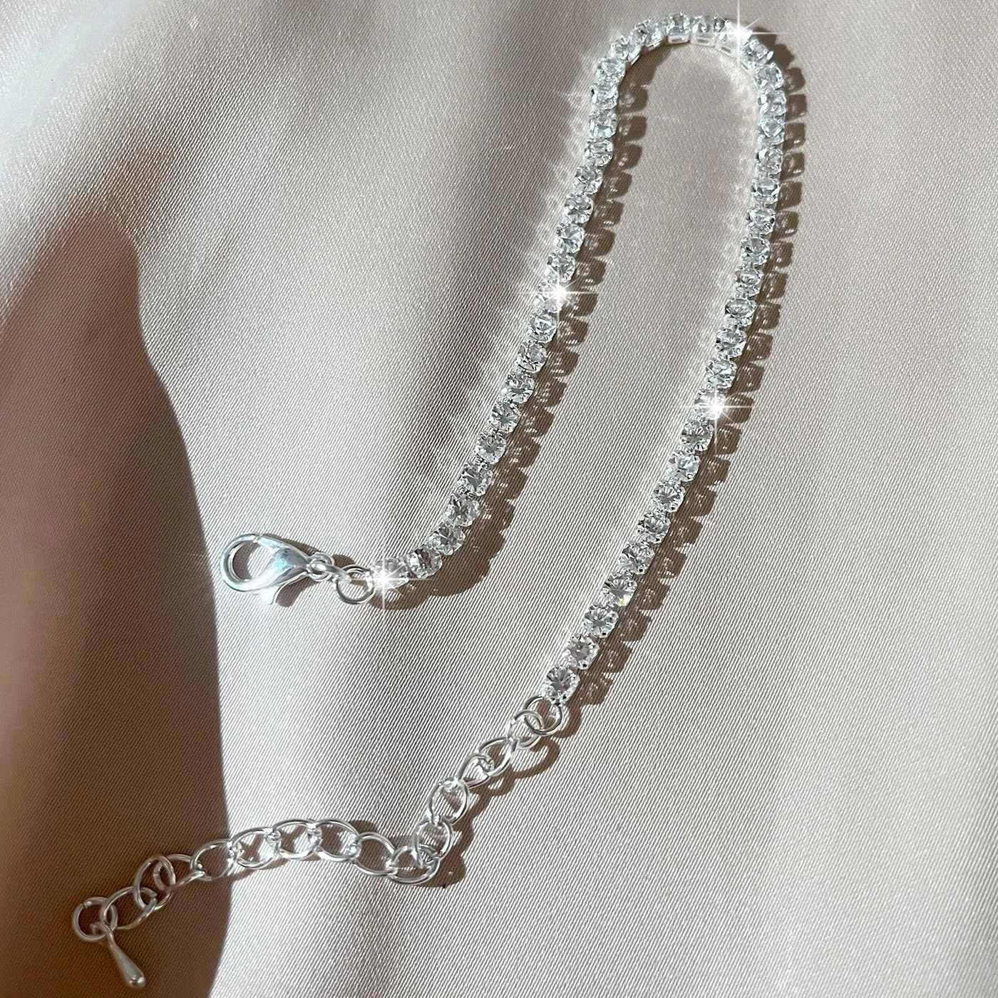 Silver Anklets for Women Shiny Tennis Anklet Silver Adjustable Rhinestone Ankle Bracelets Waterproof Beach Anklets Bracelet for Women Foot Jewelry for Summer