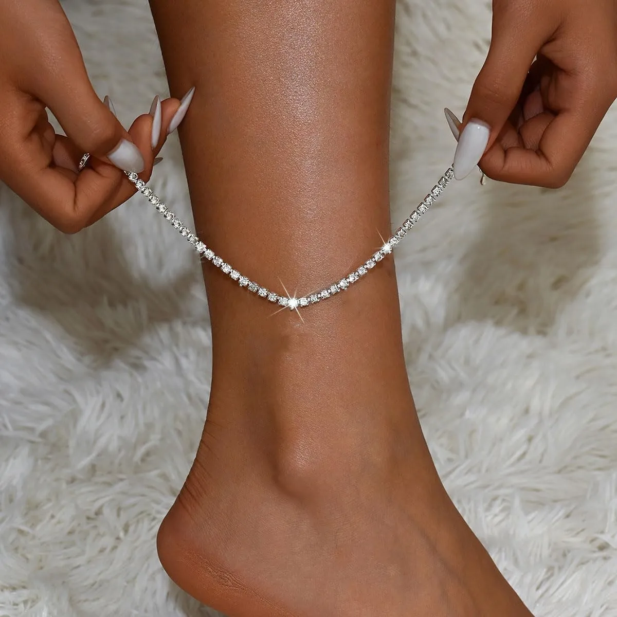 Silver Anklets for Women Shiny Tennis Anklet Silver Adjustable Rhinestone Ankle Bracelets Waterproof Beach Anklets Bracelet for Women Foot Jewelry for Summer