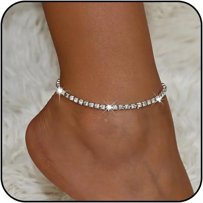 Silver Anklets for Women Shiny Tennis Anklet Silver Adjustable Rhinestone Ankle Bracelets Waterproof Beach Anklets Bracelet for Women Foot Jewelry for Summer