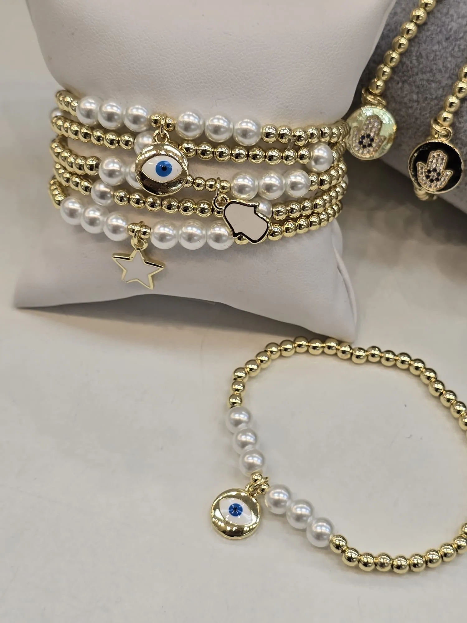 Silver Beaded Bracelet with Pearl Evil Eye Charm (Copy)