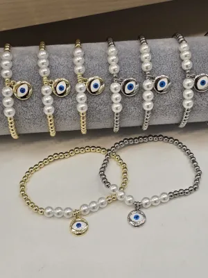 Silver Beaded Bracelet with Pearl Evil Eye Charm (Copy)