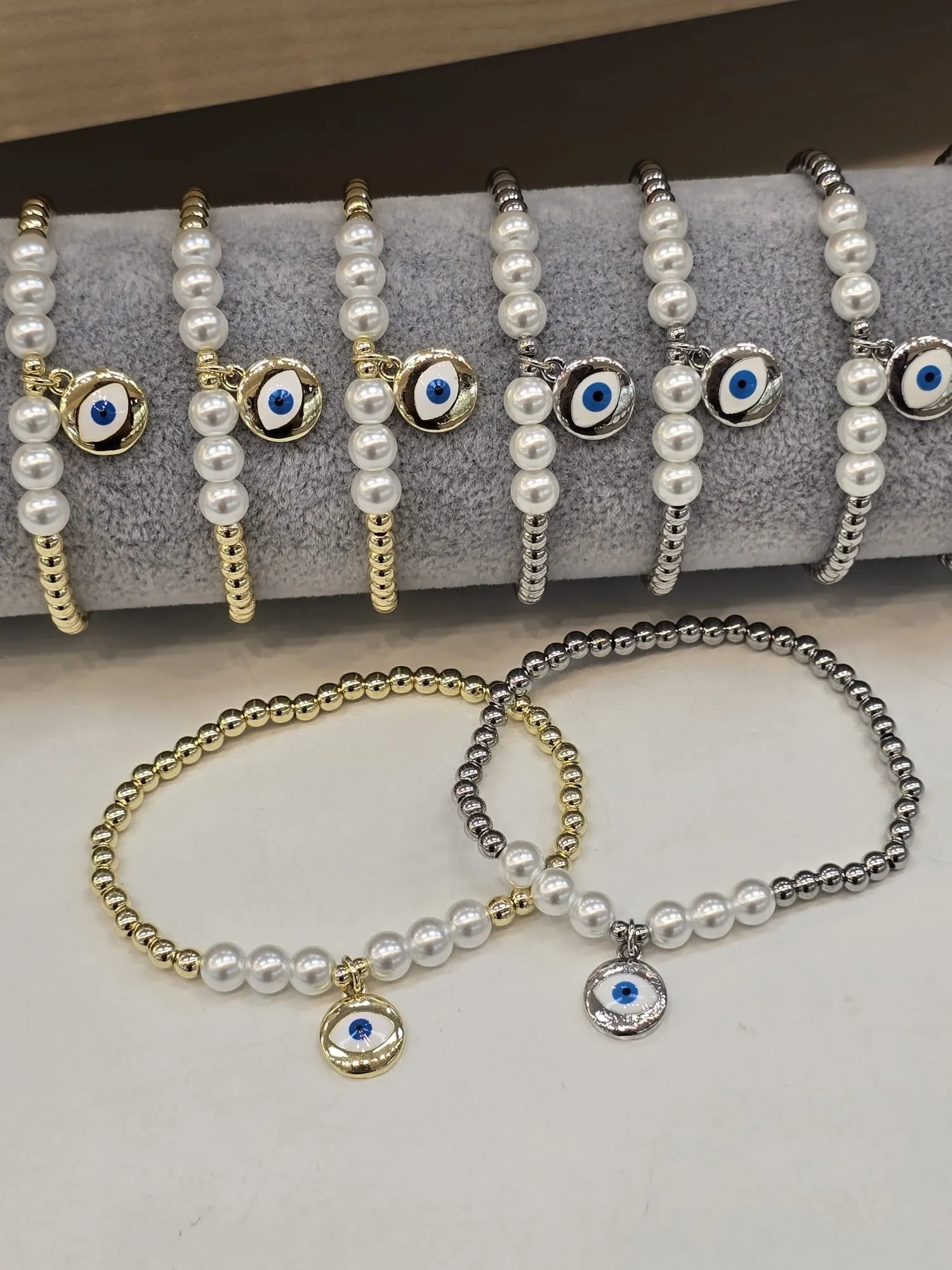 Silver Beaded Bracelet with Pearl Evil Eye Charm (Copy)
