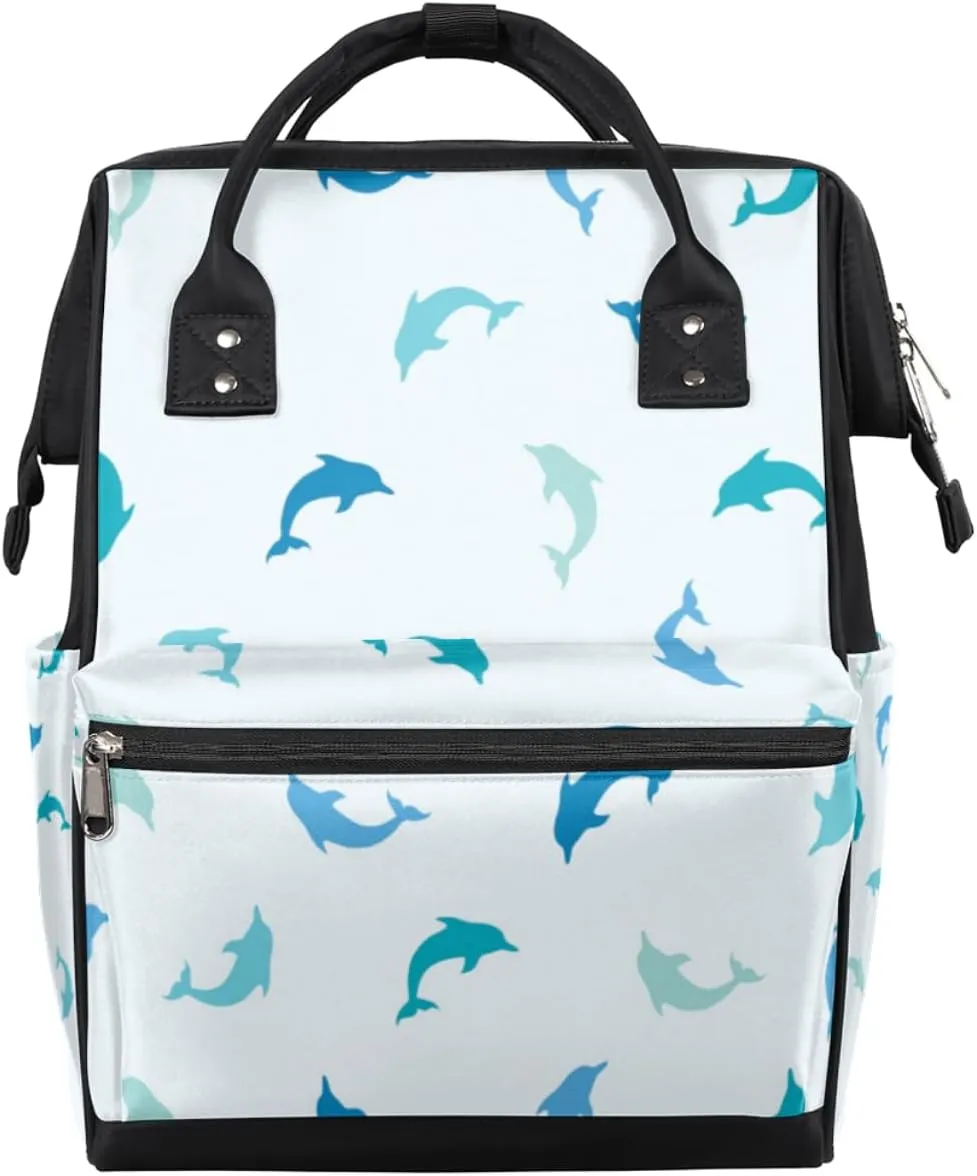 Simple Blue Dolphin Print Diaper Bag Tote Large Capacity Waterproof with Adjustable Shoulder Strap and Pram Straps Mommy Bag for Hospital Beach Weekender Travel