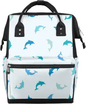 Simple Blue Dolphin Print Diaper Bag Tote Large Capacity Waterproof with Adjustable Shoulder Strap and Pram Straps Mommy Bag for Hospital Beach Weekender Travel