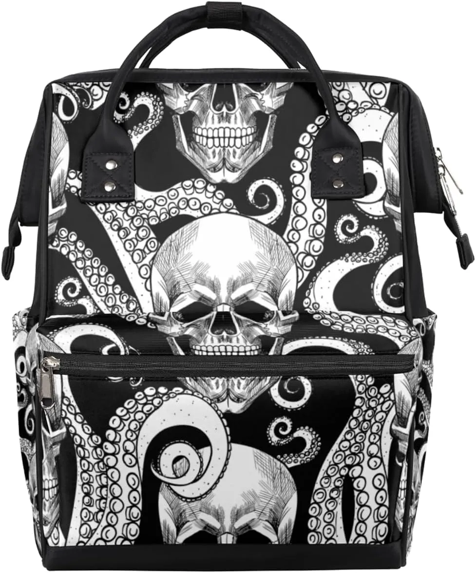 Skeleton Octopus Tentacles Diaper Bag Tote Large Capacity Waterproof with Adjustable Shoulder Strap and Pram Straps Mommy Bag for Hospital Beach Weekender Travel