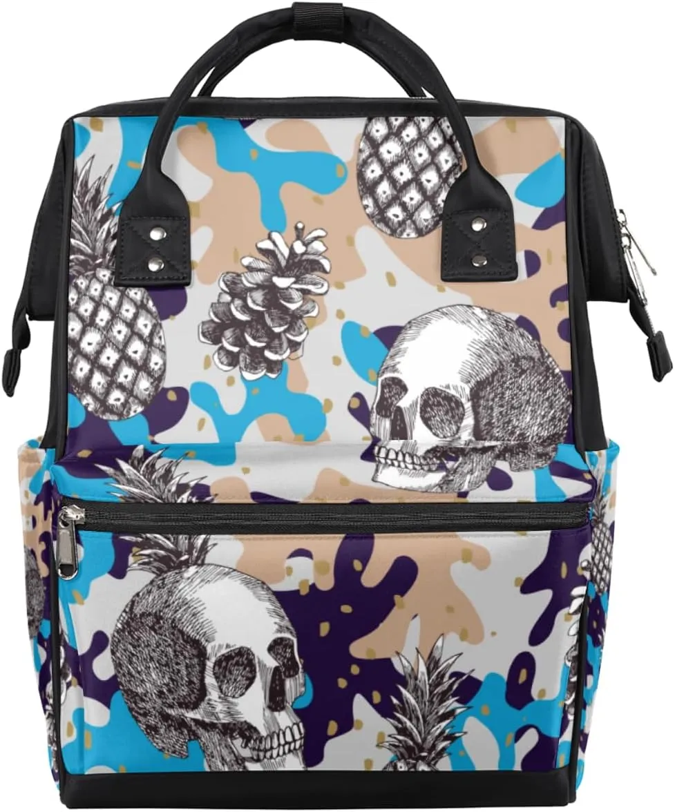 Skull Pineapple Cone Diaper Bag Tote Large Capacity Waterproof with Adjustable Shoulder Strap and Pram Straps Mommy Bag for Hospital Beach Weekender Travel