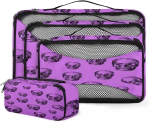 Skull Purple 4 Piece Packing Travel Organizer Cubes Set Mesh Fabric Ventilate Design Lightweight Travel Accessories 4 Sizes (Extra Large, Large, Medium, Small)