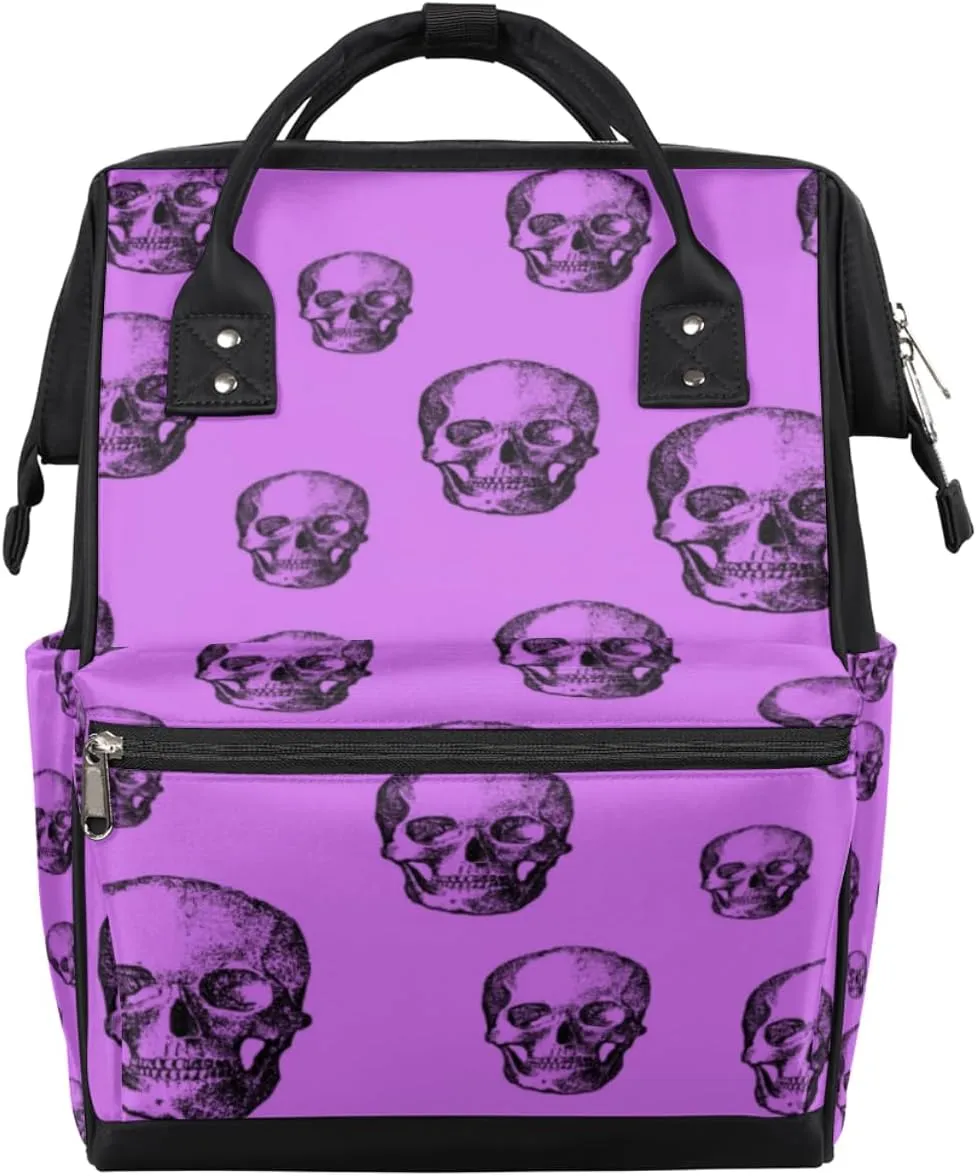 Skull Purple Diaper Bag Tote Large Capacity Waterproof with Adjustable Shoulder Strap and Pram Straps Mommy Bag for Hospital Beach Weekender Travel