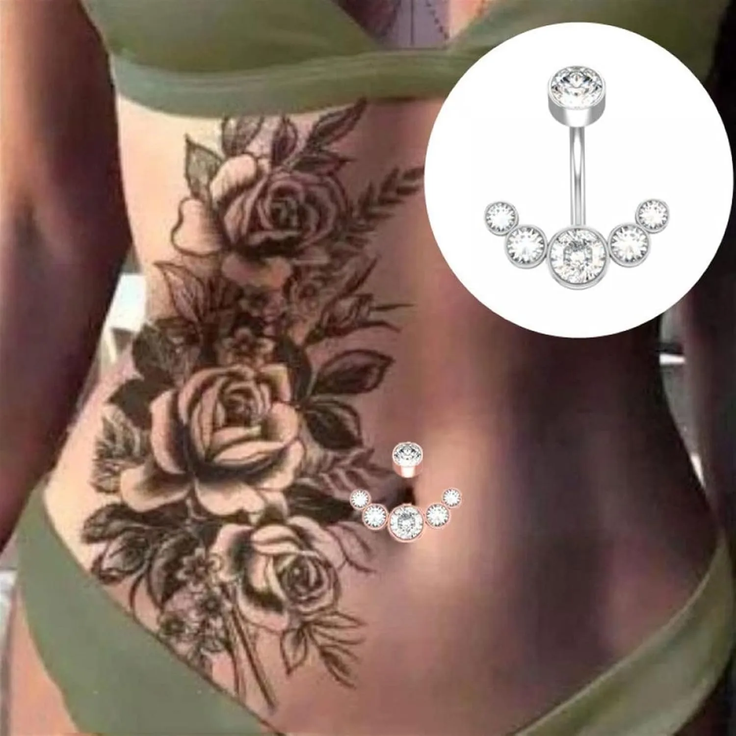SMDSAZ 2Pc Sexy Belly Ring Rose Gold Black Surgical Steel Women Crystal Belly Button Piercing Zircon Navel Piercing Bar Jewelry (Metal Color : 2)