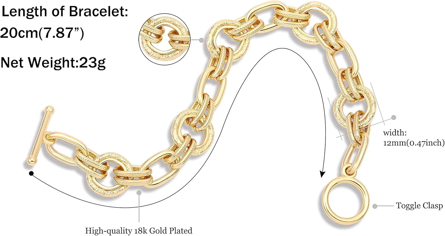 SOFYBJA 18k Gold Plated Personalized Chunky Cuban Oval Link Chain Bracelets for Men Toggle Rope Bracelet Jewelry for Women