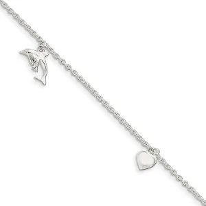 Solid 925 Sterling Silver Heart, Star and Dolphin Anklet - with Secure Lobster Lock Clasp 9"
