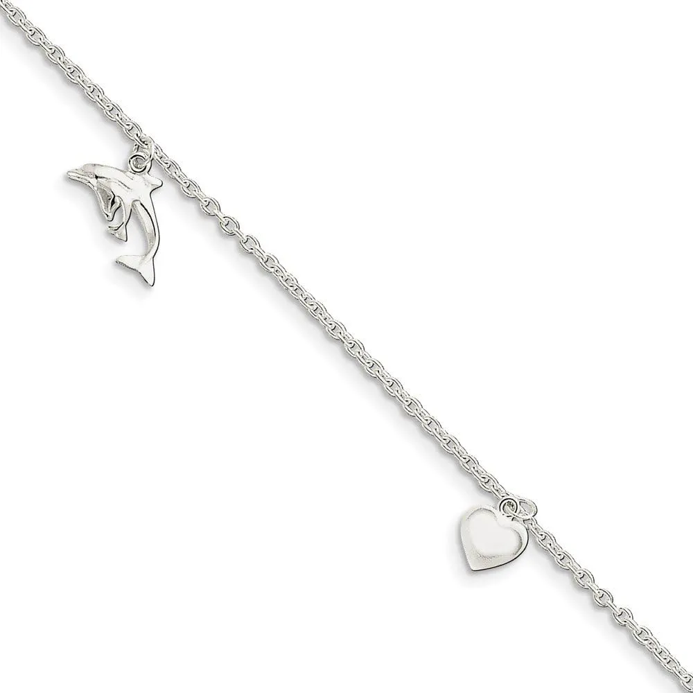 Solid 925 Sterling Silver Heart, Star and Dolphin Anklet - with Secure Lobster Lock Clasp 9"