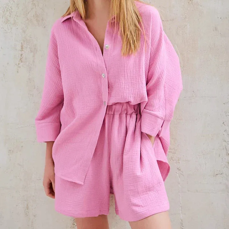 Solid Casual Long Sleeve Loose Shirts Turn-down Collar Button Top Pockets Pants Spring Fashion Set