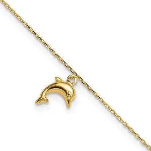Sonia Jewels Real 14k Yellow Gold Dolphin Charm 1 inch Extension Anklet 10"