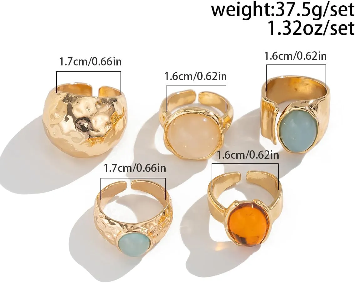 Sora Tuki Chunky Gold Rings for Women Non Tarnish Big Gemstone Rings Set Adjustable Thick Silver Statement Rings for Women Trendy Dainty Stackable Ring Chunky Gold Jewelry
