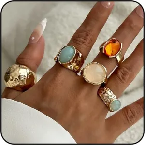 Sora Tuki Chunky Gold Rings for Women Non Tarnish Big Gemstone Rings Set Adjustable Thick Silver Statement Rings for Women Trendy Dainty Stackable Ring Chunky Gold Jewelry