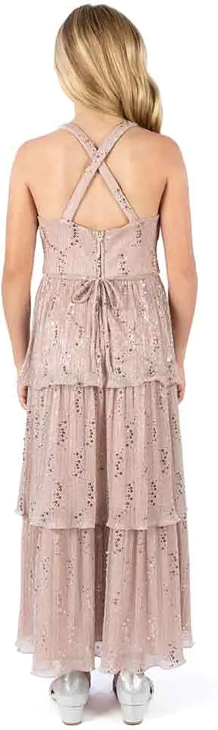 Speechless Girls' Sleeveless Sequin Patterned V Neck Tiered Maxi Dress
