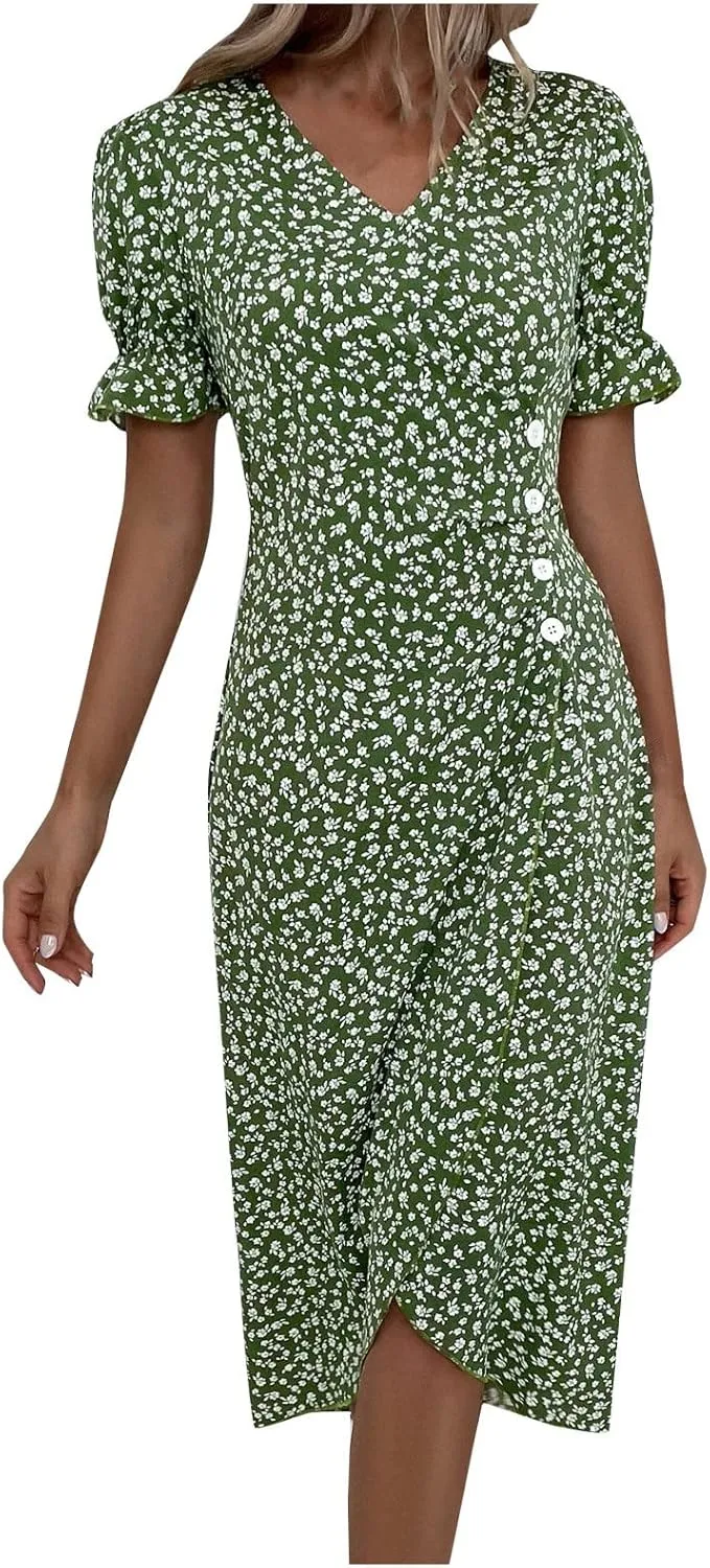 Spring Dresses for Women 2025 Fashion Floral Print V Neck 3/4 Sleeve Dress High Waist Boho Dresses Wrap Maxi Dress