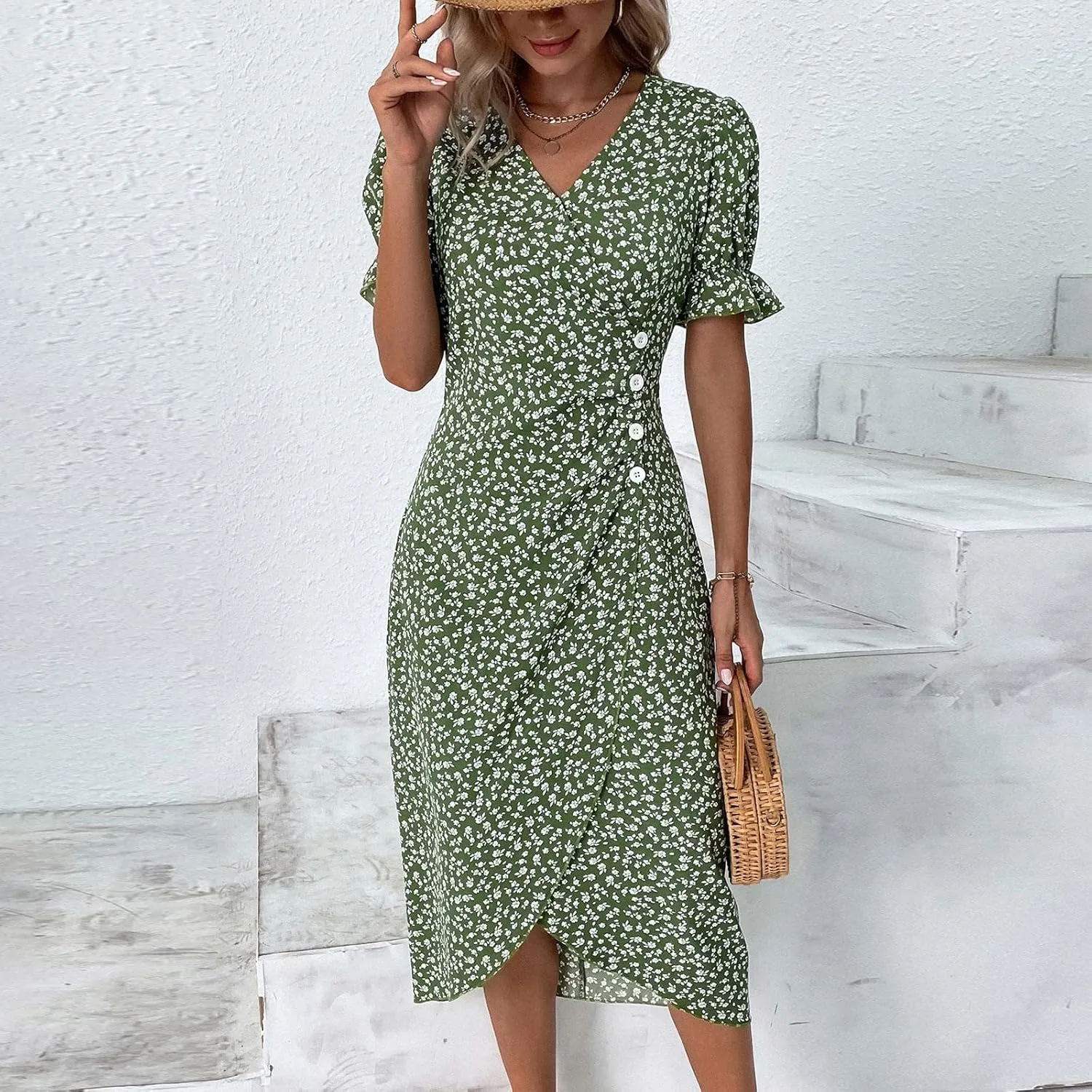 Spring Dresses for Women 2025 Fashion Floral Print V Neck 3/4 Sleeve Dress High Waist Boho Dresses Wrap Maxi Dress