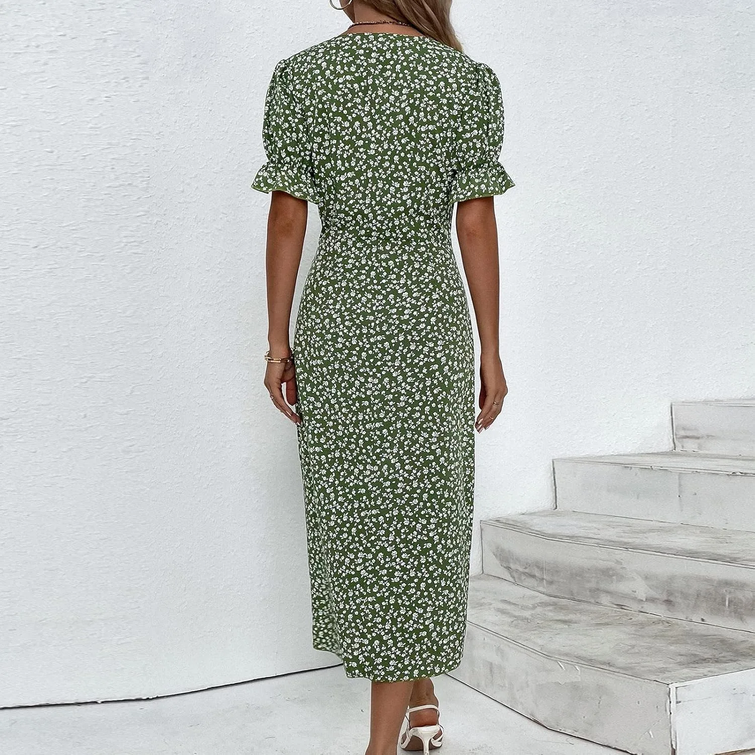 Spring Dresses for Women 2025 Fashion Floral Print V Neck 3/4 Sleeve Dress High Waist Boho Dresses Wrap Maxi Dress