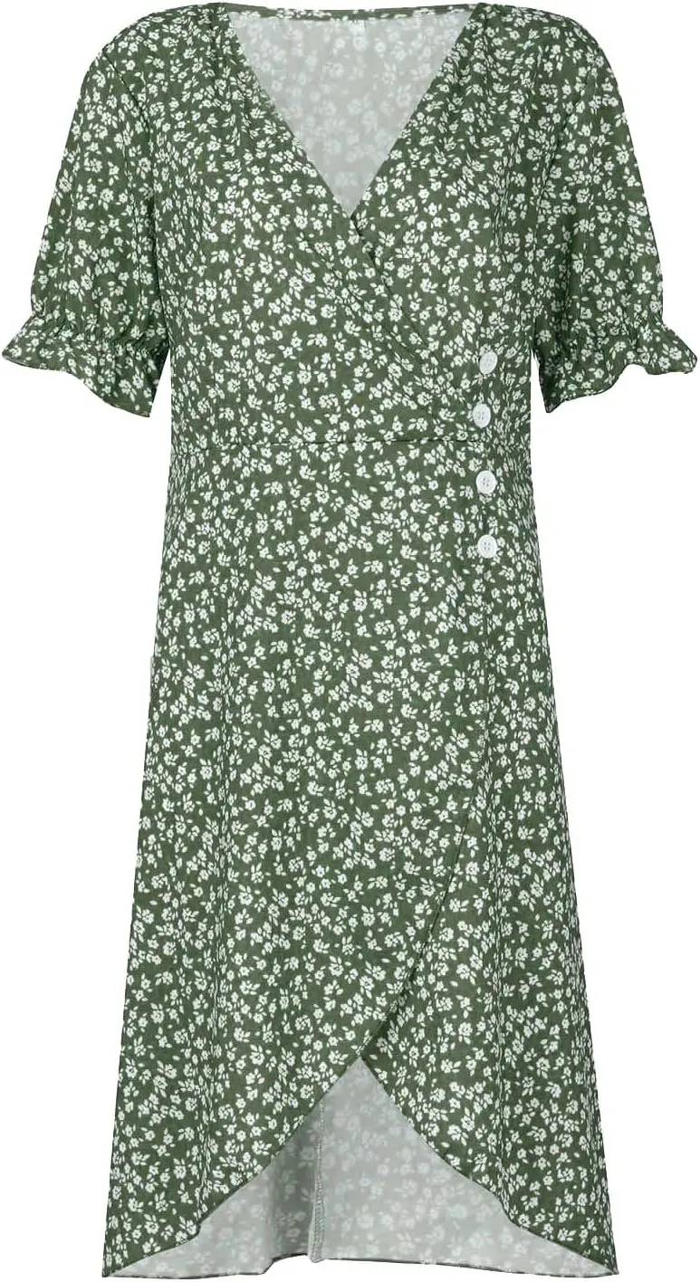 Spring Dresses for Women 2025 Fashion Floral Print V Neck 3/4 Sleeve Dress High Waist Boho Dresses Wrap Maxi Dress