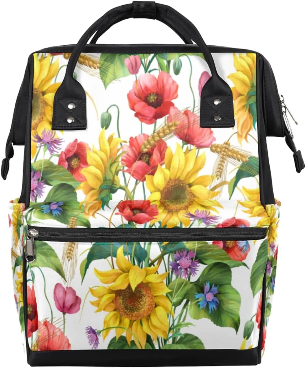Spring Summer Flowers Sunflower Cornflower Poppy Diaper Bag Tote Large Capacity Waterproof with Adjustable Shoulder Strap and Pram Straps Mommy Bag for Hospital Beach Weekender Travel