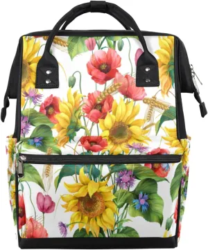 Spring Summer Flowers Sunflower Cornflower Poppy Diaper Bag Tote Large Capacity Waterproof with Adjustable Shoulder Strap and Pram Straps Mommy Bag for Hospital Beach Weekender Travel