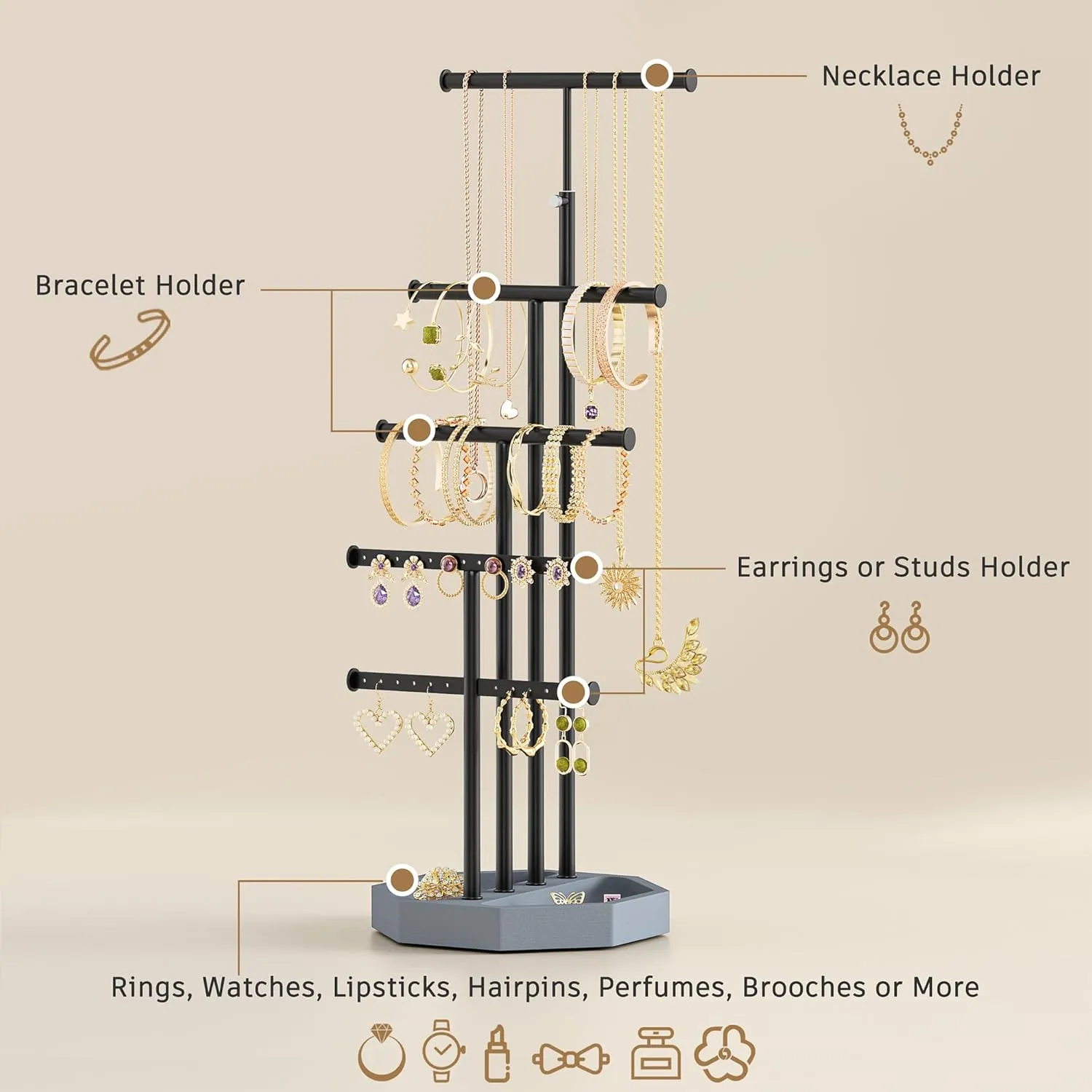 SRIWATANA Jewelry Organizer Stand, 5 Tier Necklace Holder Bracelet Earring Holder Jewelry Display Stand Large Storage with Wood Base, Gifts for Loved One, Weathered Grey