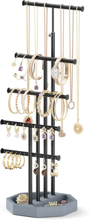 SRIWATANA Jewelry Organizer Stand, 5 Tier Necklace Holder Bracelet Earring Holder Jewelry Display Stand Large Storage with Wood Base, Gifts for Loved One, Weathered Grey