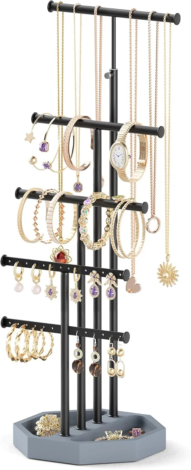 SRIWATANA Jewelry Organizer Stand, 5 Tier Necklace Holder Bracelet Earring Holder Jewelry Display Stand Large Storage with Wood Base, Gifts for Loved One, Weathered Grey