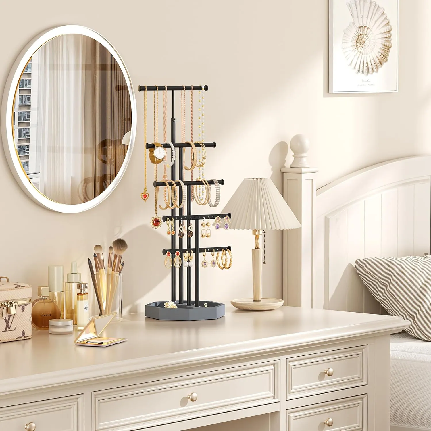 SRIWATANA Jewelry Organizer Stand, 5 Tier Necklace Holder Bracelet Earring Holder Jewelry Display Stand Large Storage with Wood Base, Gifts for Loved One, Weathered Grey