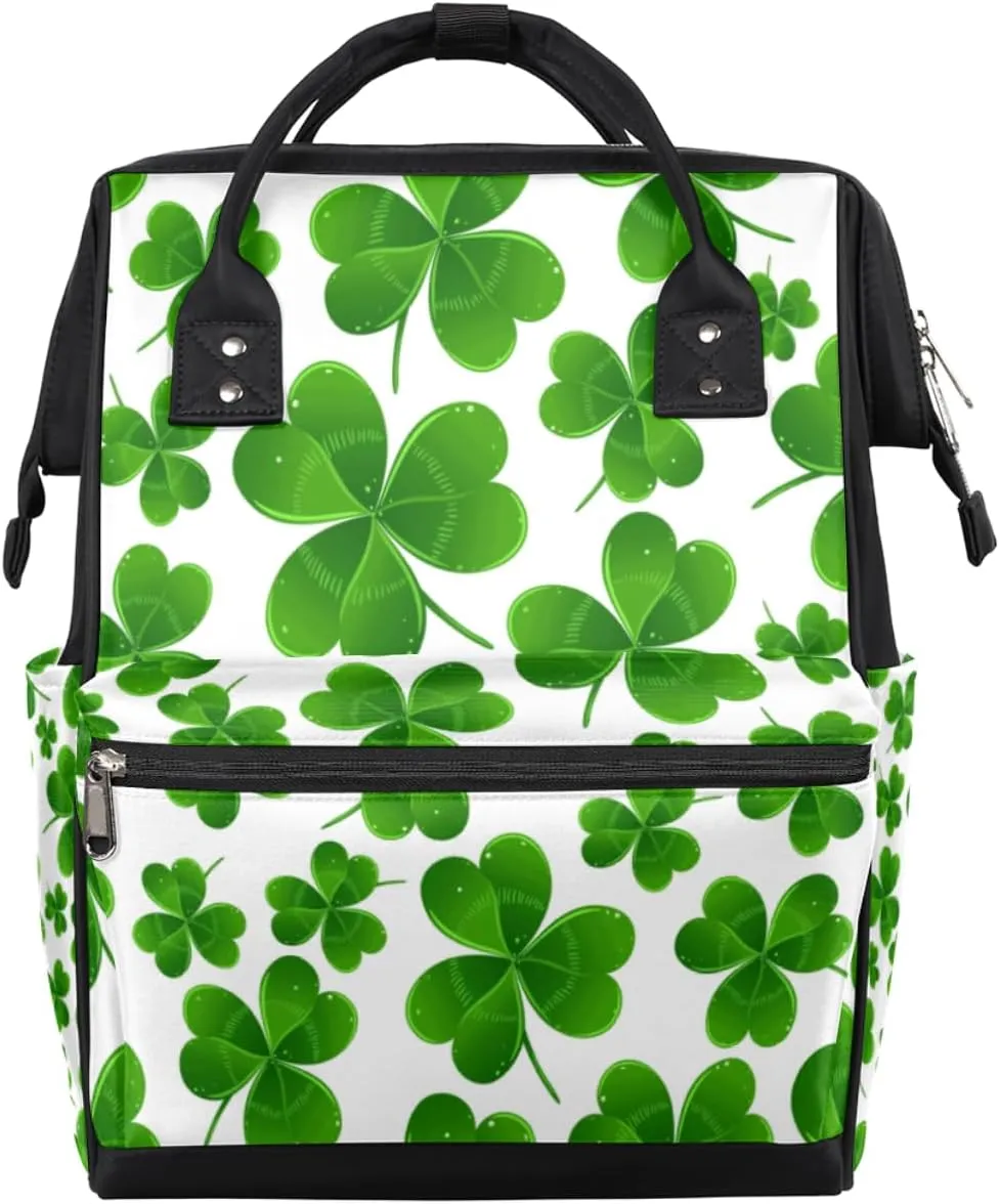 St. Patrick's Day Clover Diaper Bag Tote Large Capacity Waterproof with Adjustable Shoulder Strap and Pram Straps Mommy Bag for Hospital Beach Weekender Travel