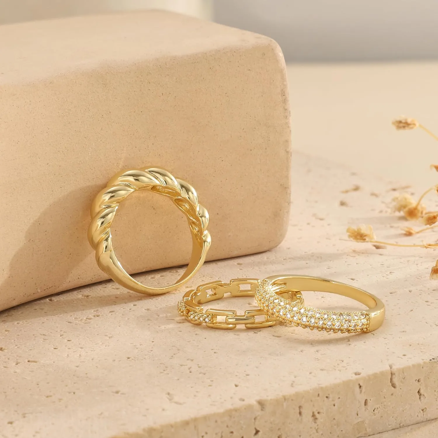 Stackable Gold Rings for Women Non Tarnish Trendy Dainty 14K Chunky Stacking CZ Band Rings Sets Statement Thumb Ring Stack Unique Jewelry Gift/Size 6-10