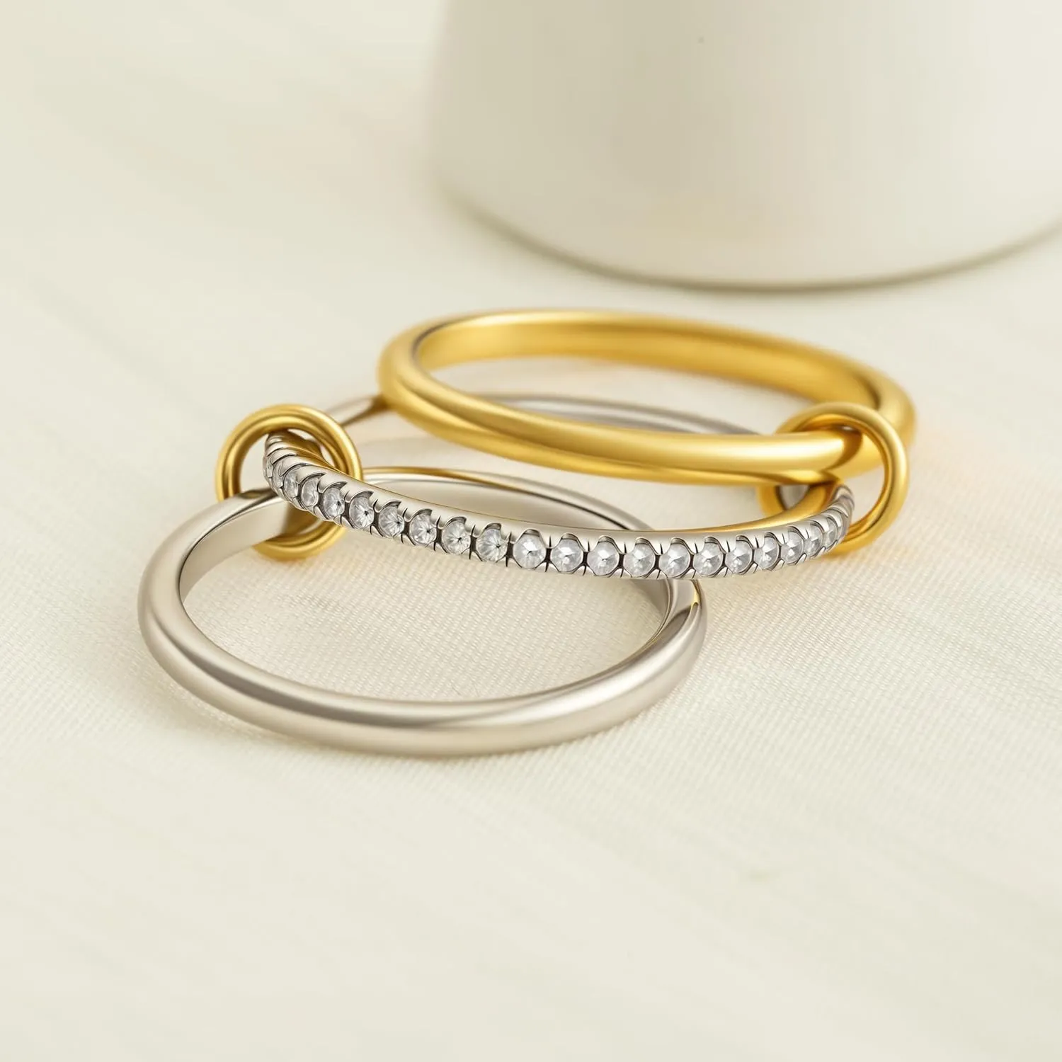 Stackable Rings for Women, Multicolored Connected Ring Set, Gold Silver Multi-Link Connected Ring, Stackable Cubic Zirconia Rings Set