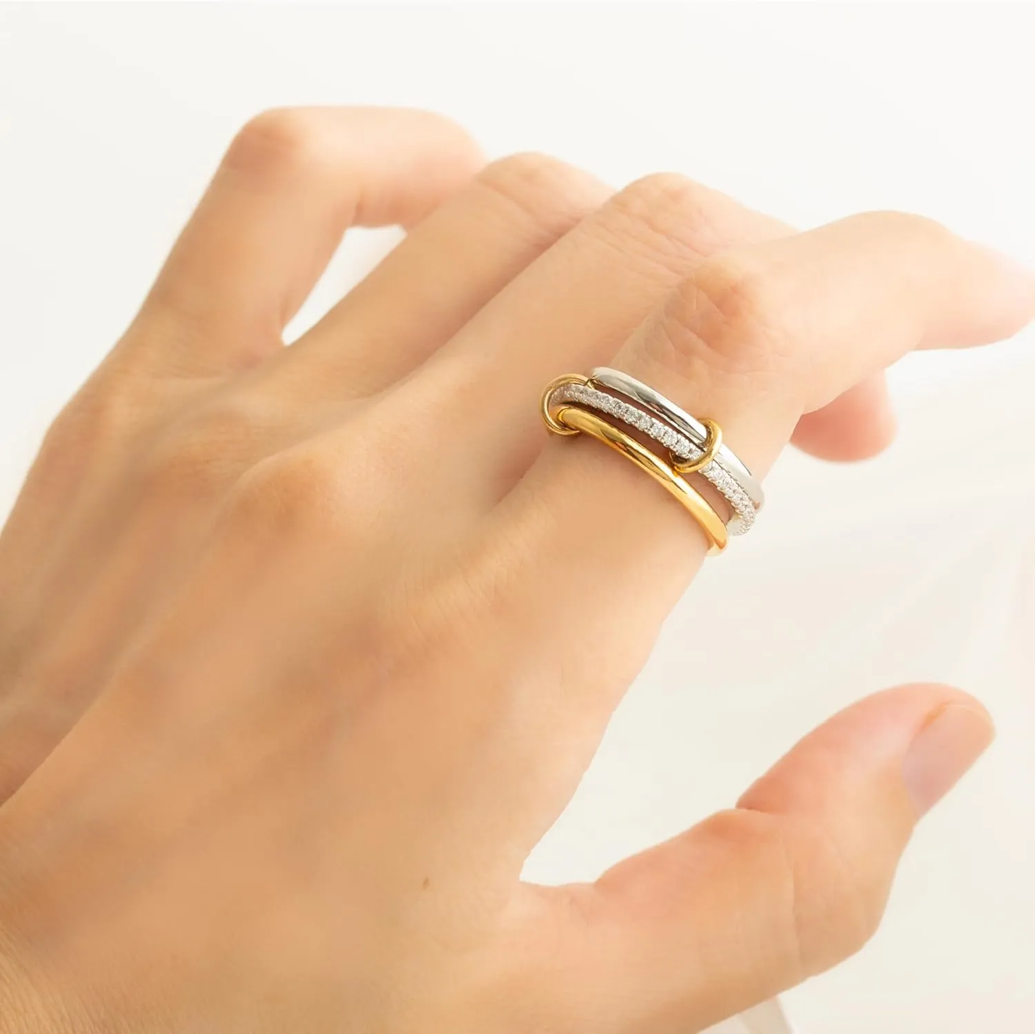 Stackable Rings for Women, Multicolored Connected Ring Set, Gold Silver Multi-Link Connected Ring, Stackable Cubic Zirconia Rings Set