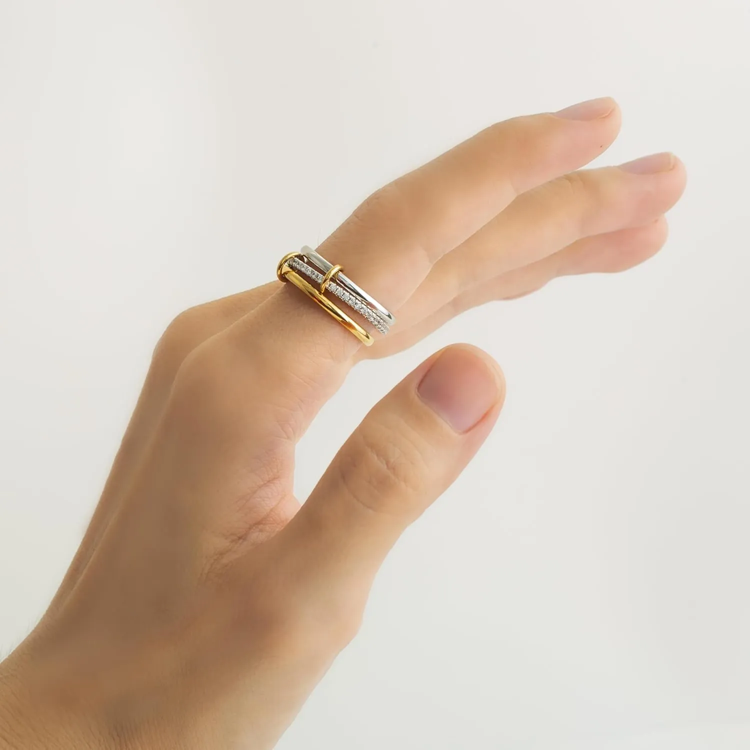 Stackable Rings for Women, Multicolored Connected Ring Set, Gold Silver Multi-Link Connected Ring, Stackable Cubic Zirconia Rings Set