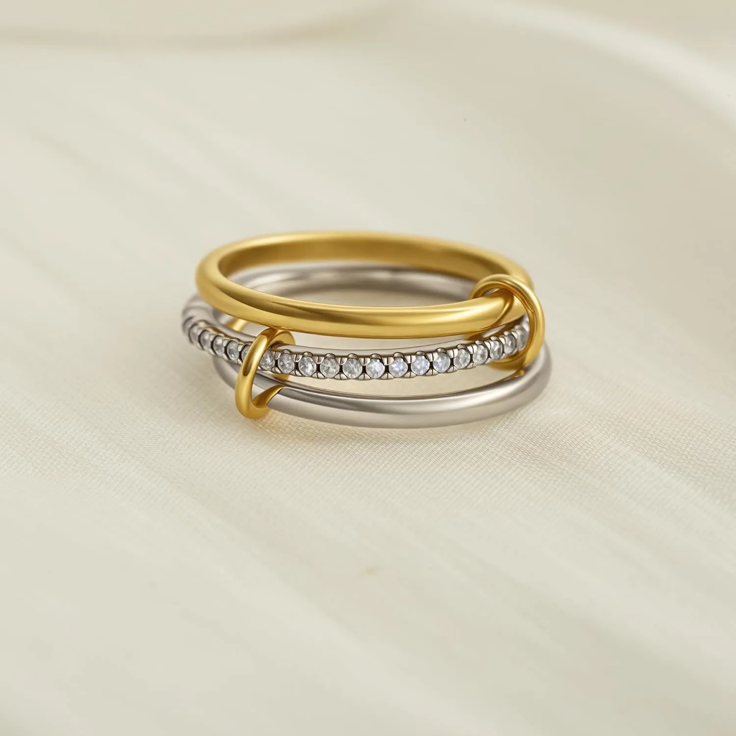 Stackable Rings for Women, Multicolored Connected Ring Set, Gold Silver Multi-Link Connected Ring, Stackable Cubic Zirconia Rings Set